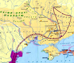 Велика Скіфія у VII-VI ст. до н.е. Стрілками показаний похід перського царя Дарія та відступ персів у 513 р. до н.е. 