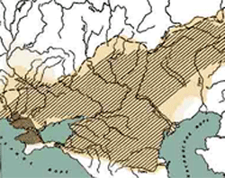 Розселення скіфо-сарматів протягом III ст. до н. е. - II ст. н. е. Темнішим кольором виділена суто скіфська територія