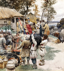«Князь Ігор збирає данину з древлян в 945 році», К. В. Лебедєв