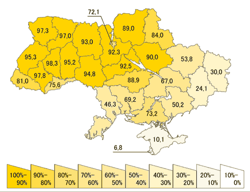 Українська мова як рідна в Україні по областях за переписом 2001 року