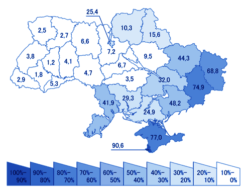 Російська мова як рідна в Україні по областях за переписом 2001 року