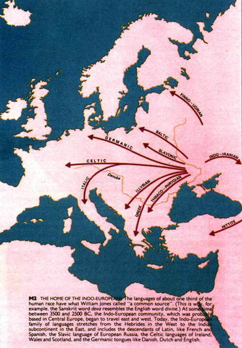 Карта англійських дослідників Роберта Макрама, Вільяма Крена і Роберта Макнійла у книжці «The Story of English», на якій схематично зображено поширення індоєвропейських мов від Середньої Наддніпрянщини. 